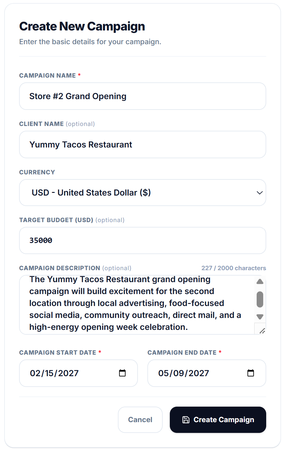 Create campaign setup form with dates and budget caps in BudgetRelio